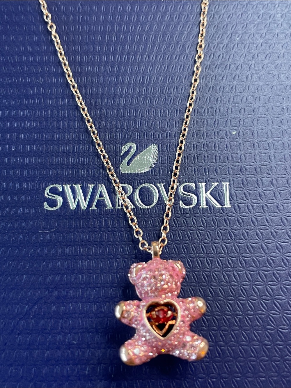 Swarovski Rose Pink Crystal Teddy Bear Heart Pendant Necklace